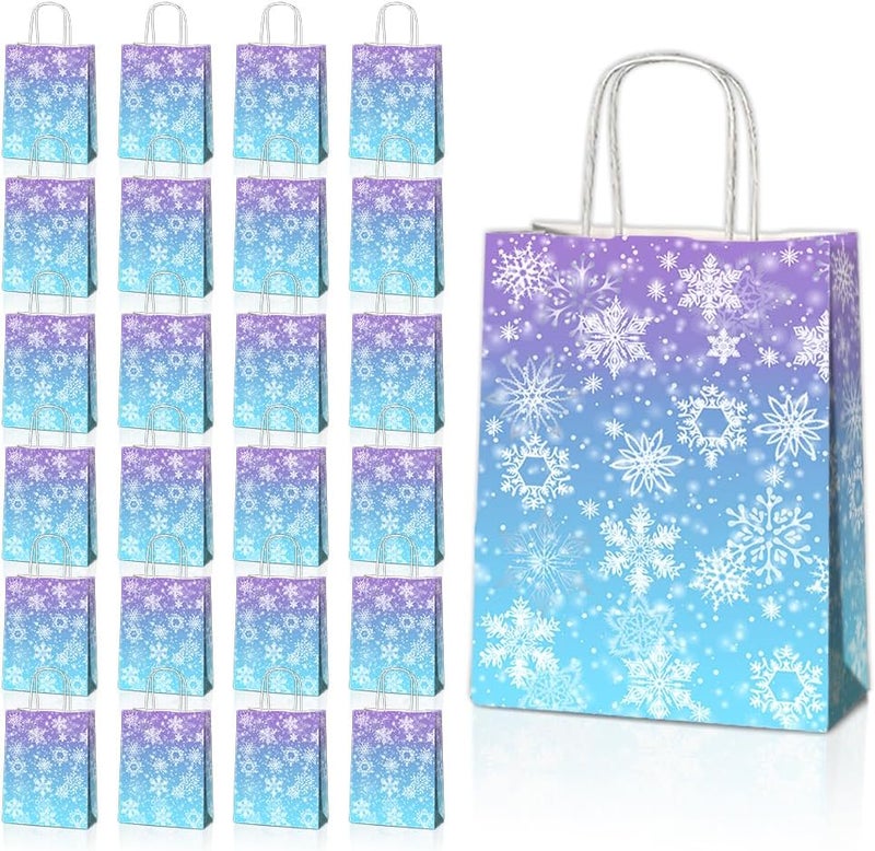 JOYGATHER 24 Pcs Snowflake Party Favor Bags with Handles - Winter Themed Goodie Gift Candy Kraft Paper Bags for Holiday Birthday Party Supplies Decorations - Image 1